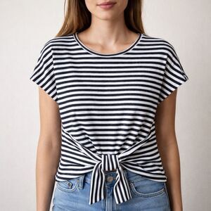 Express Black White Striped Tie Front Top | Knot Hem Stretch Tee | Size M